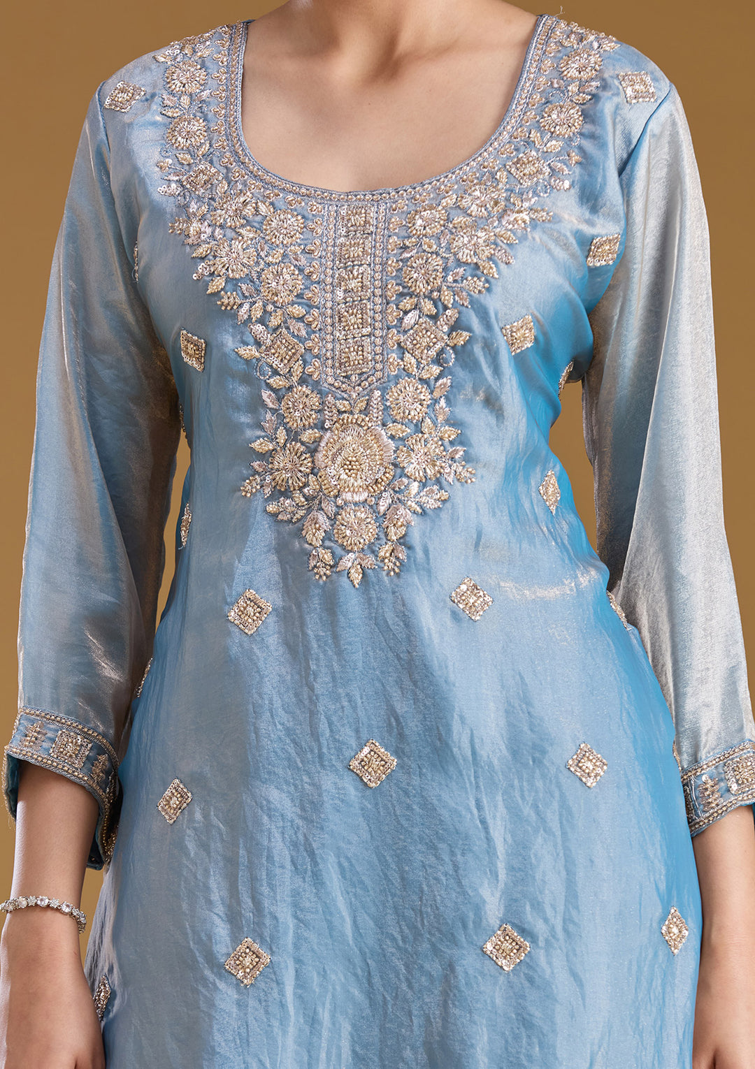 Blue Threadwork Tissue Readymade Salwar Suit