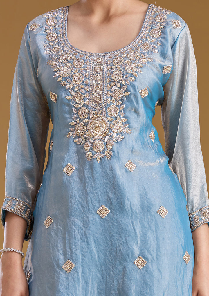 Blue Threadwork Tissue Readymade Salwar Suit