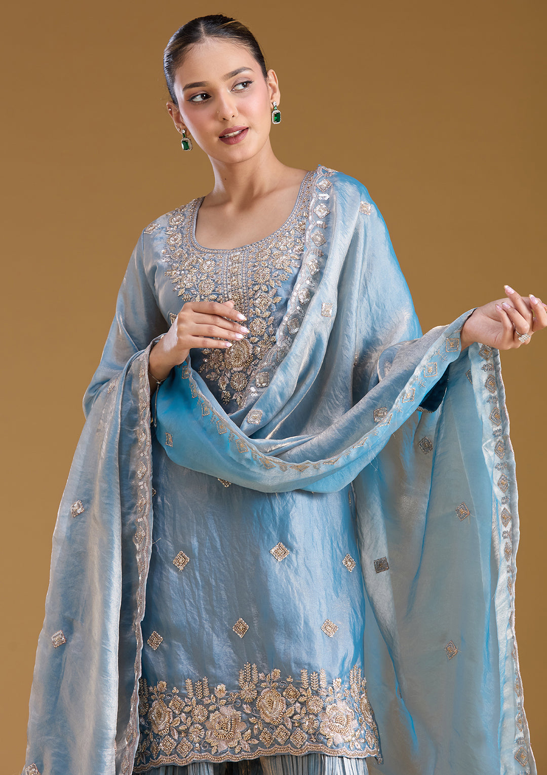 Blue Threadwork Tissue Readymade Salwar Suit
