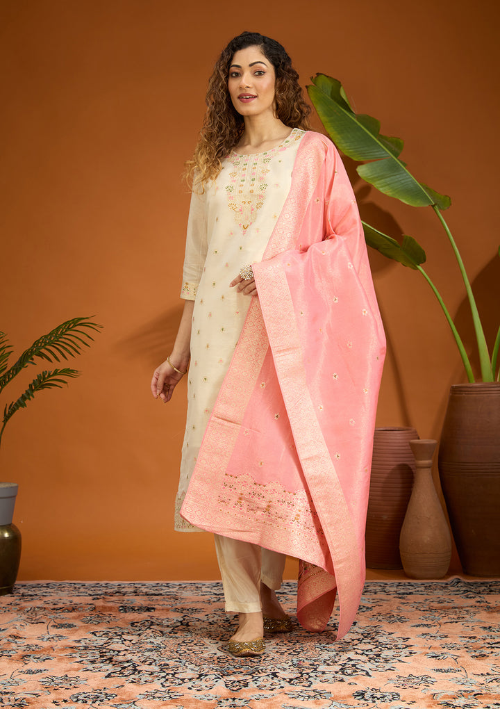 Beige No Work (Plain) Brocade Readymade Salwar Suit