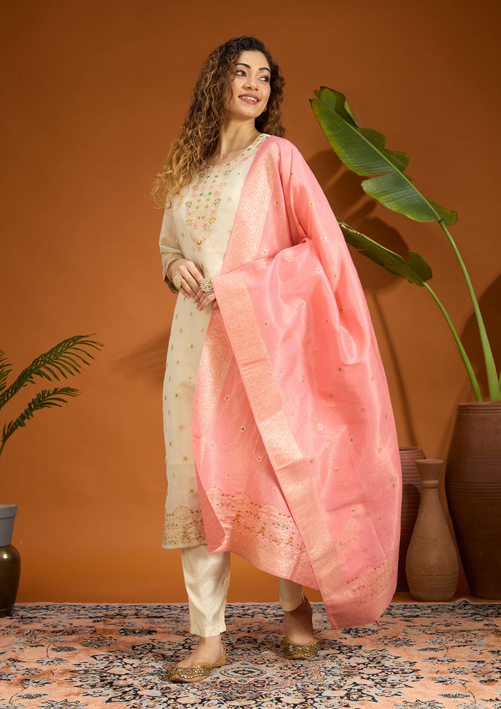 Beige No Work (Plain) Brocade Readymade Salwar Suit