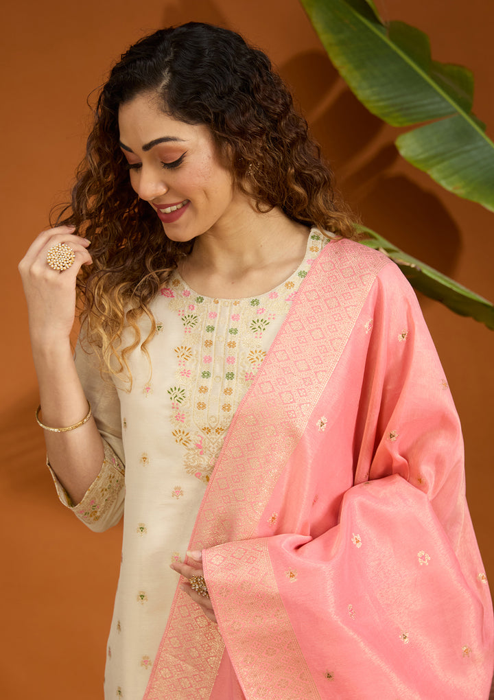 Beige No Work (Plain) Brocade Readymade Salwar Suit