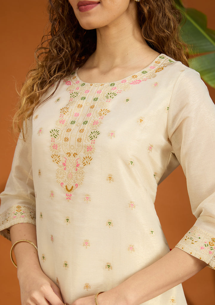 Beige No Work (Plain) Brocade Readymade Salwar Suit