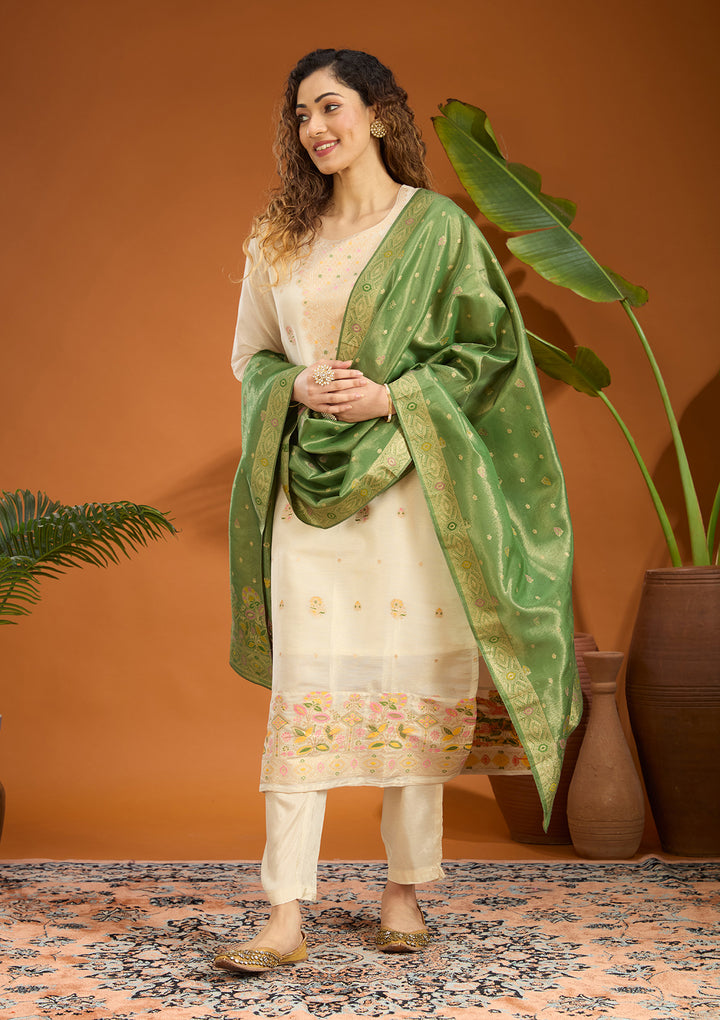 Leaf Green Zariwork Brocade Readymade Salwar Suit