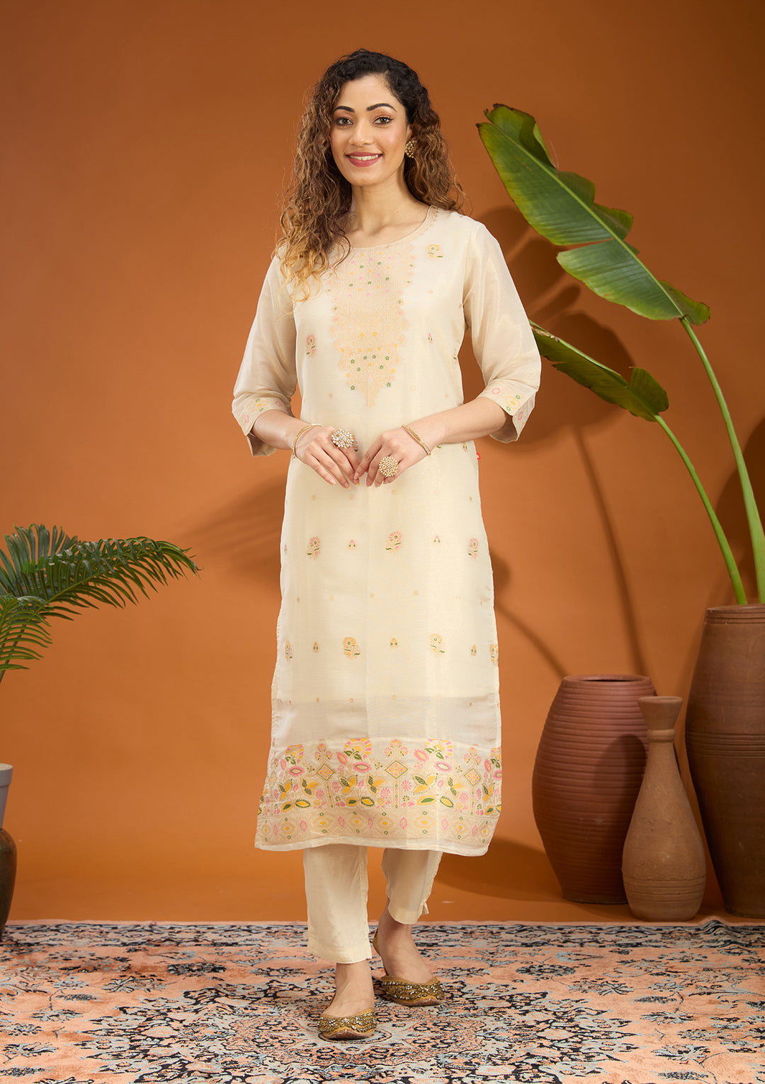 Leaf Green Zariwork Brocade Readymade Salwar Suit