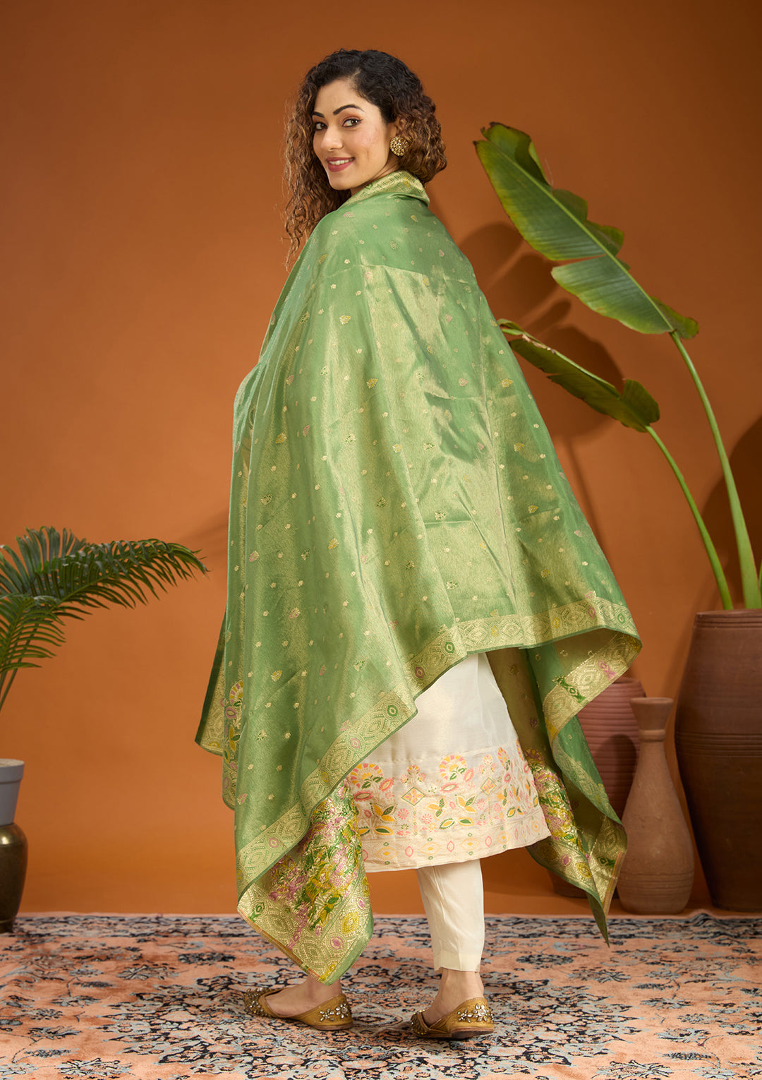 Leaf Green Zariwork Brocade Readymade Salwar Suit