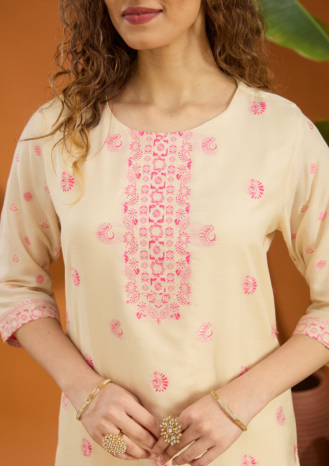 Beige Plain Brocade Readymade Salwar Suit