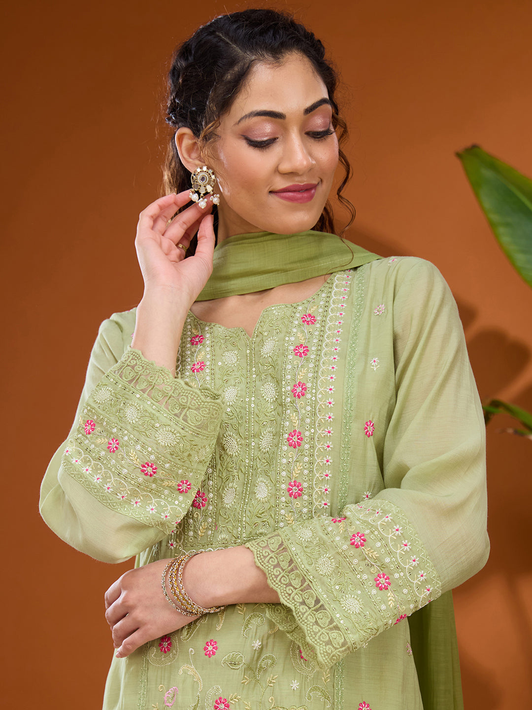 Pista Green Threadwork Chanderi Readymade Salwar Suit