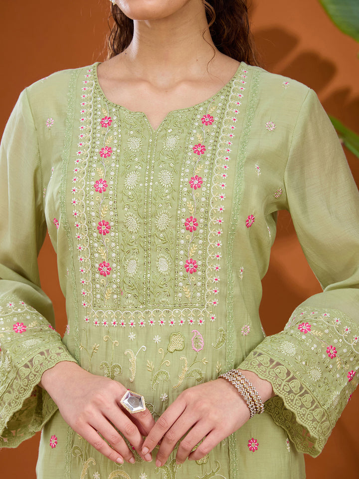 Pista Green Threadwork Chanderi Readymade Salwar Suit