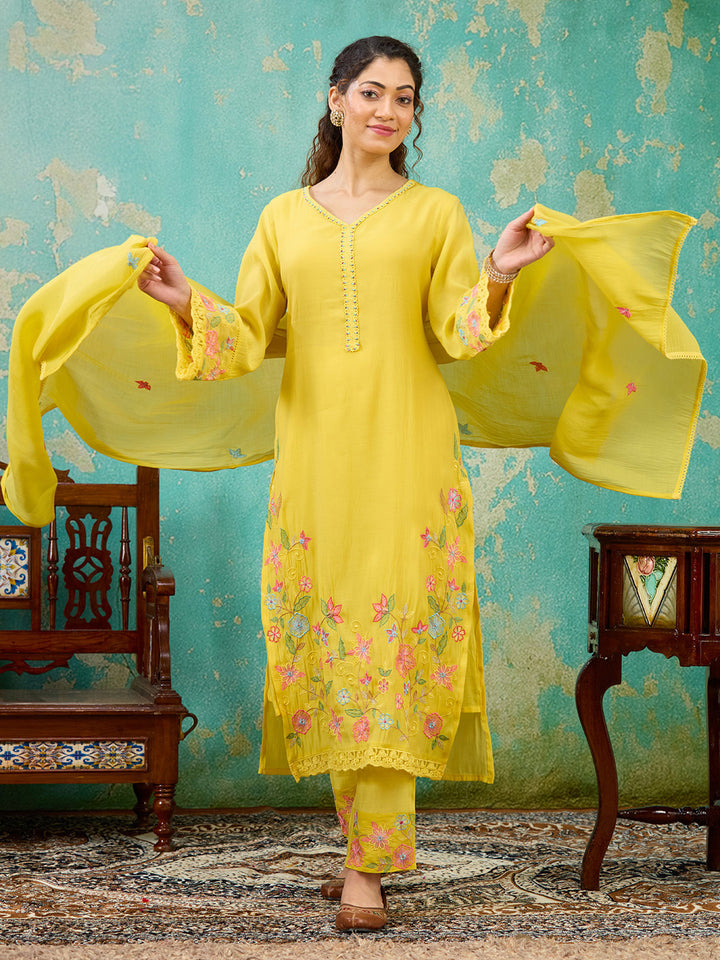 Yellow Threadwork Chanderi Readymade Salwar Suit