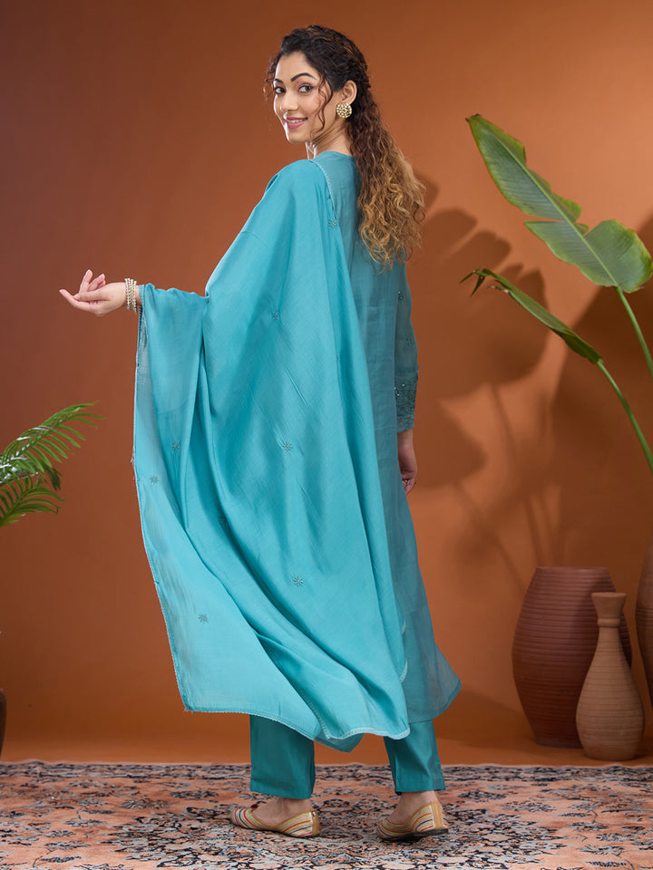 Blue Threadwork Chanderi Readymade Salwar Suit