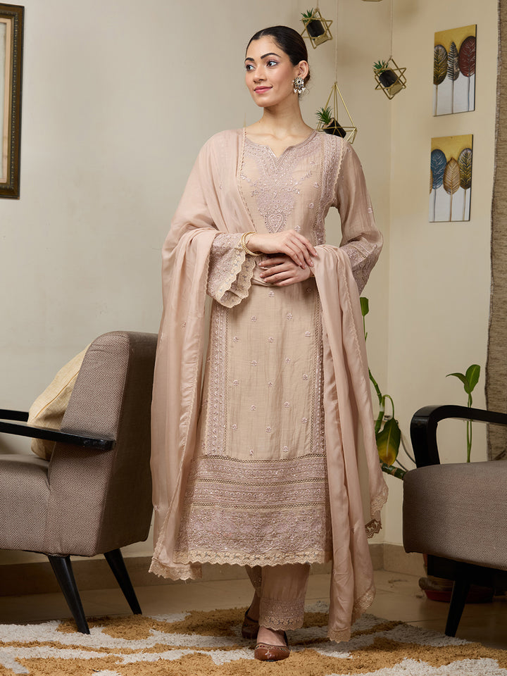Light Brown Threadwork Chanderi Readymade Salwar Suit