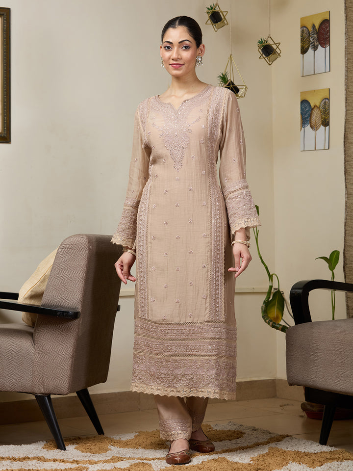 Light Brown Threadwork Chanderi Readymade Salwar Suit