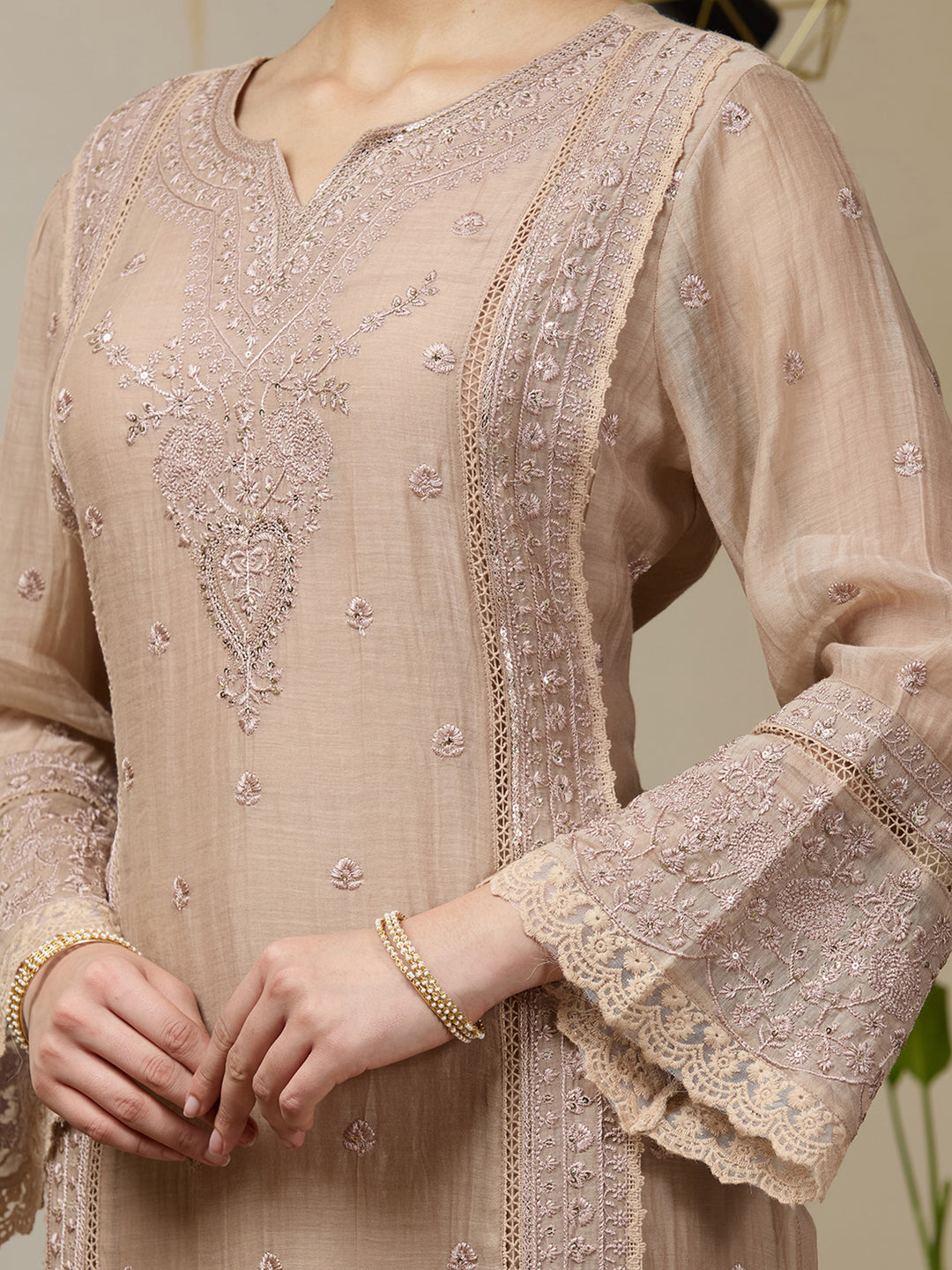 Light Brown Threadwork Chanderi Readymade Salwar Suit