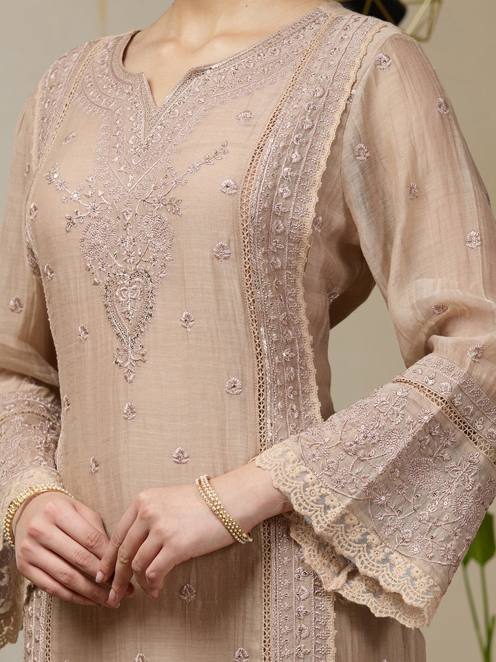 Light Brown Threadwork Chanderi Readymade Salwar Suit