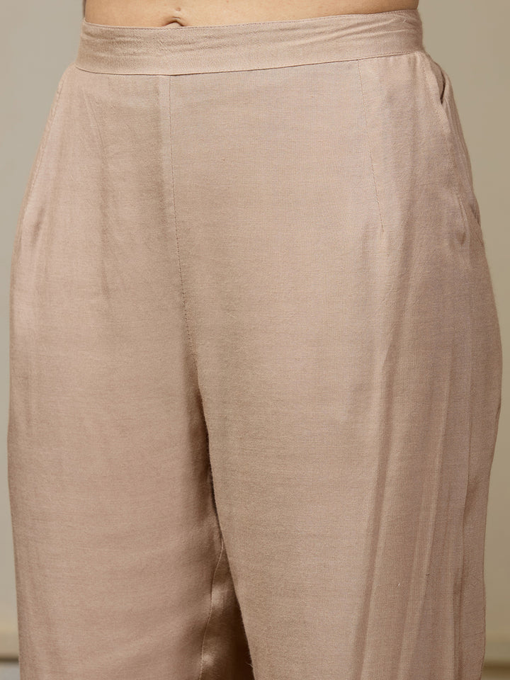 Light Brown Threadwork Chanderi Readymade Salwar Suit