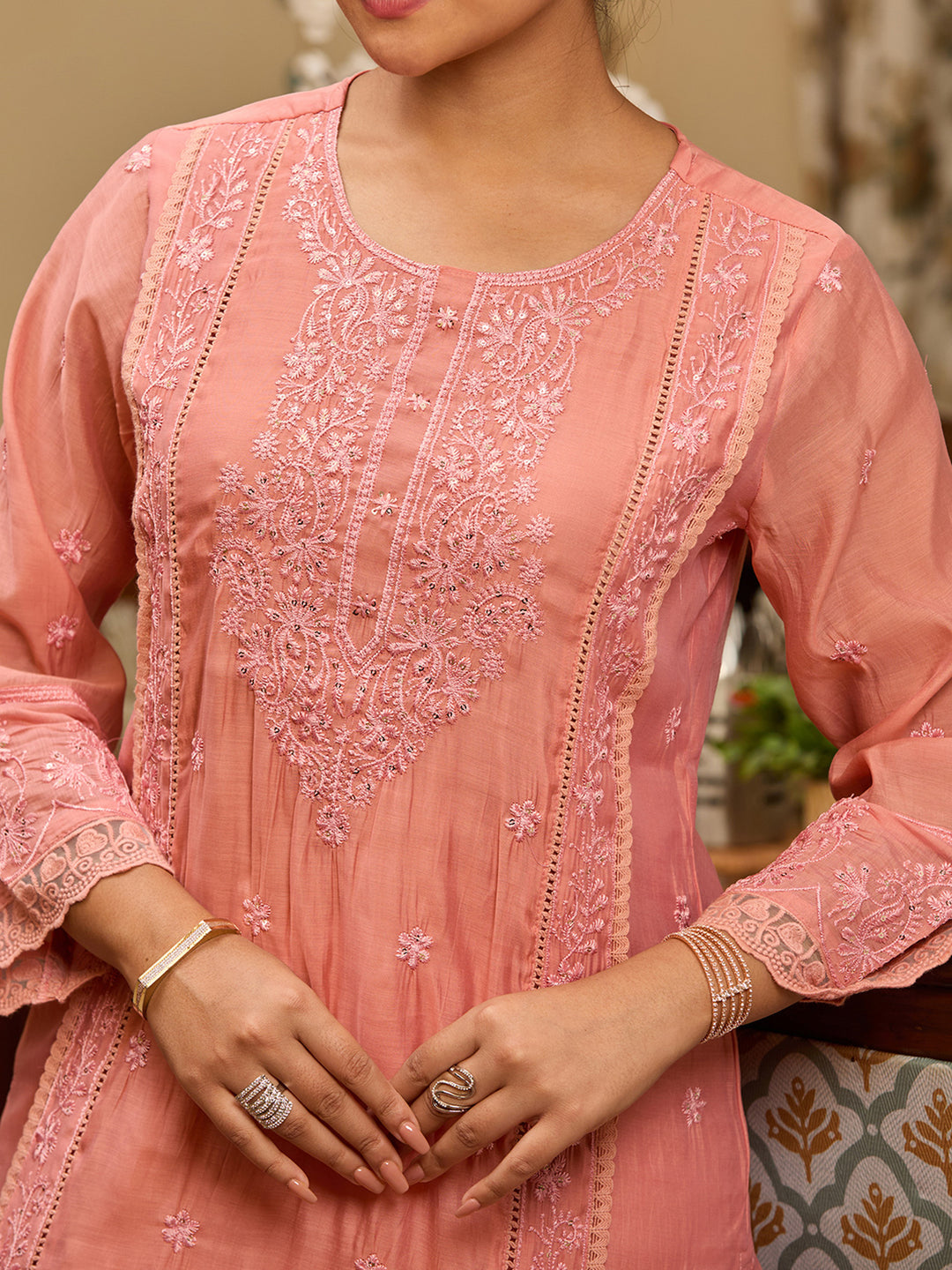 Peach Threadwork Chanderi Readymade Salwar Suit