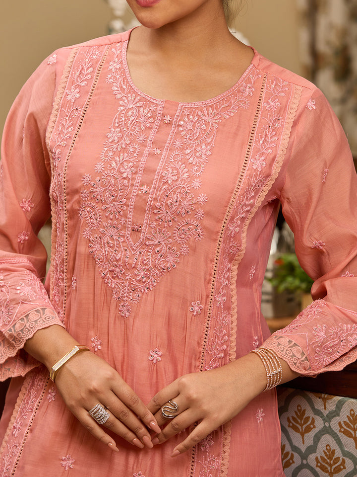 Peach Threadwork Chanderi Readymade Salwar Suit