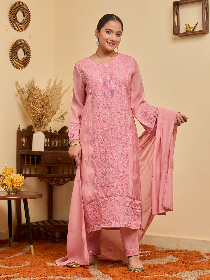 Pink Threadwork Chanderi Readymade Salwar Suit