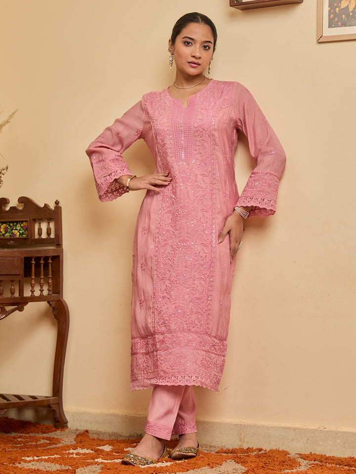 Pink Threadwork Chanderi Readymade Salwar Suit