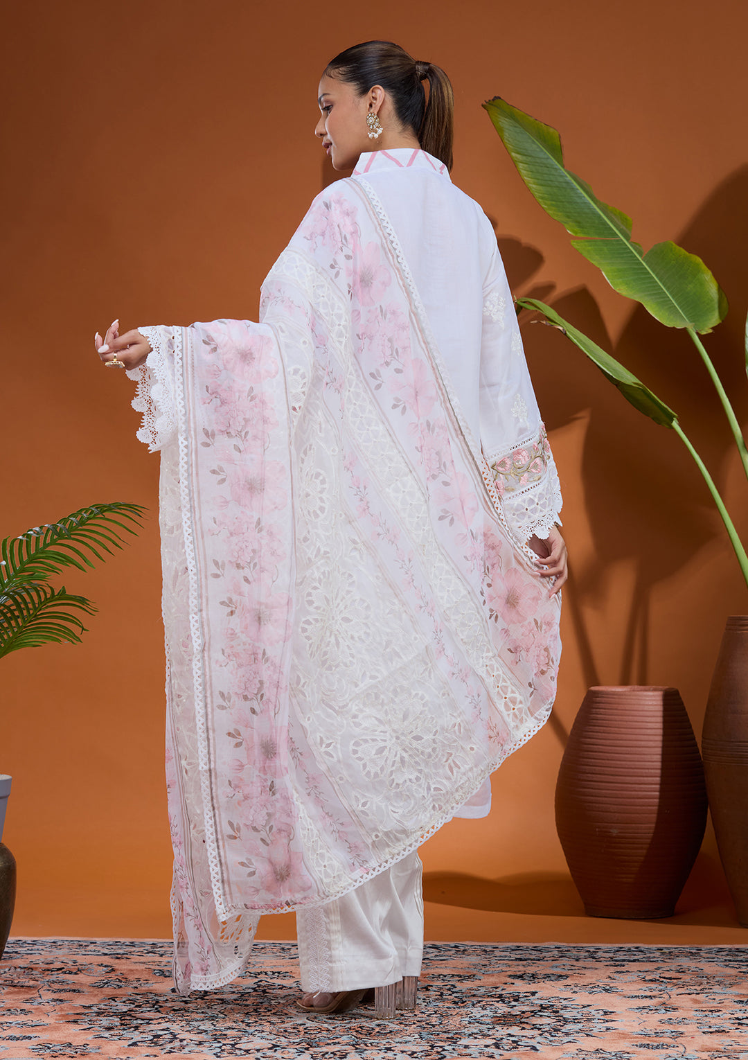 White Threadwork Tissue Readymade Salwar Suit