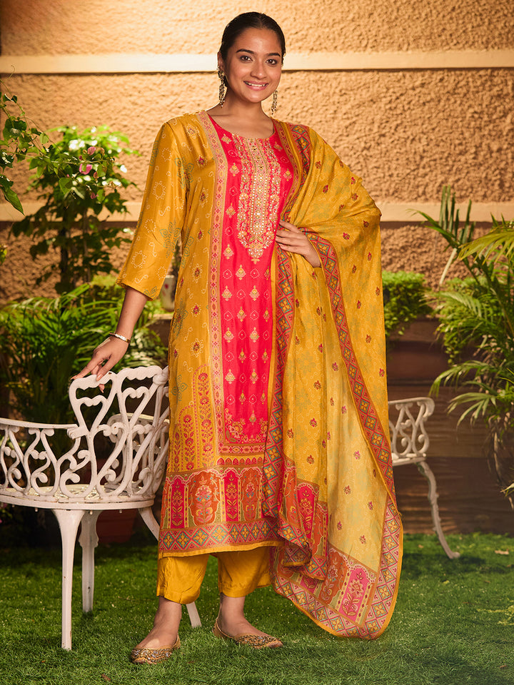 Mustard Yellow Sequins Soft Raw Silk Readymade Salwar Suit