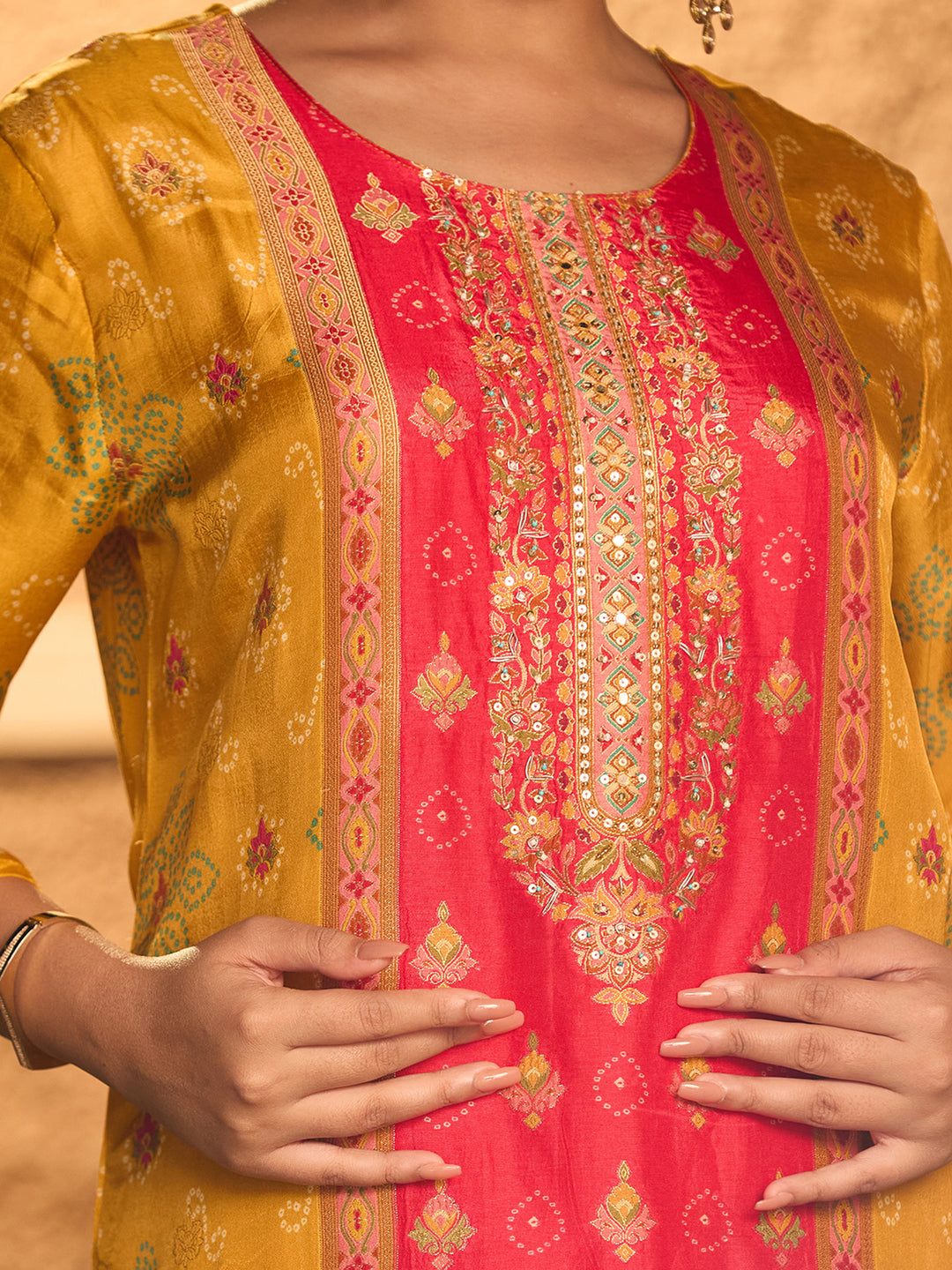 Mustard Yellow Sequins Soft Raw Silk Readymade Salwar Suit