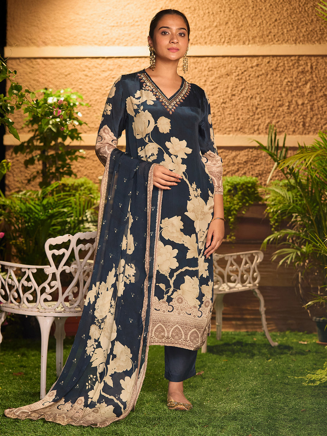 Navy Blue Cutdana Satin Readymade Salwar Suit