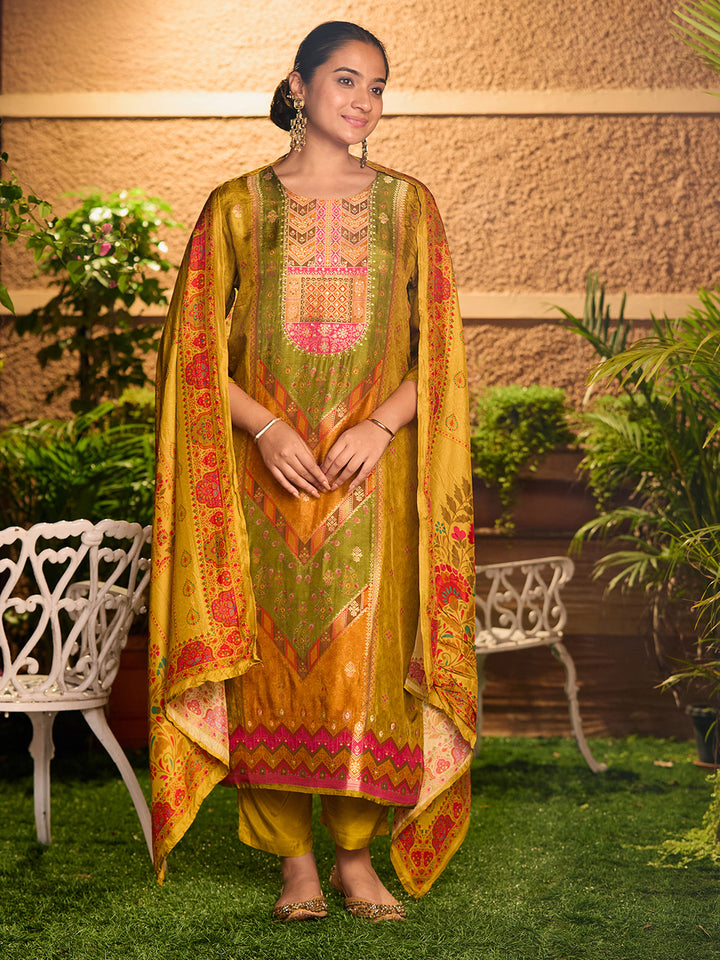 Mehandi Green Cutdana Soft Raw Silk Readymade Salwar Suit