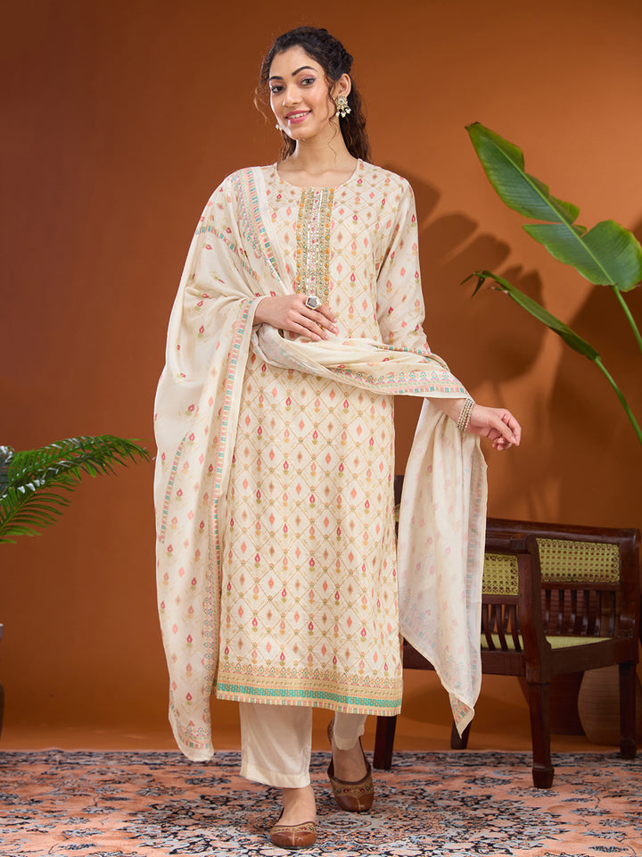 Cream Cutdana Soft Raw Silk Readymade Salwar Suit