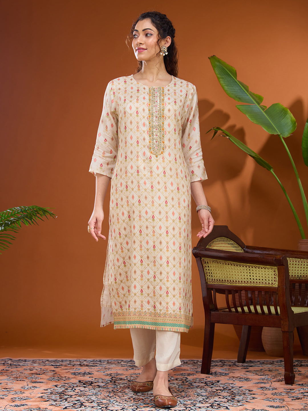 Cream Cutdana Soft Raw Silk Readymade Salwar Suit