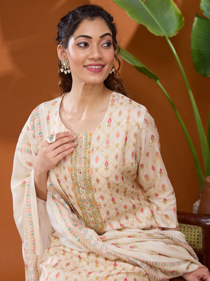 Cream Cutdana Soft Raw Silk Readymade Salwar Suit