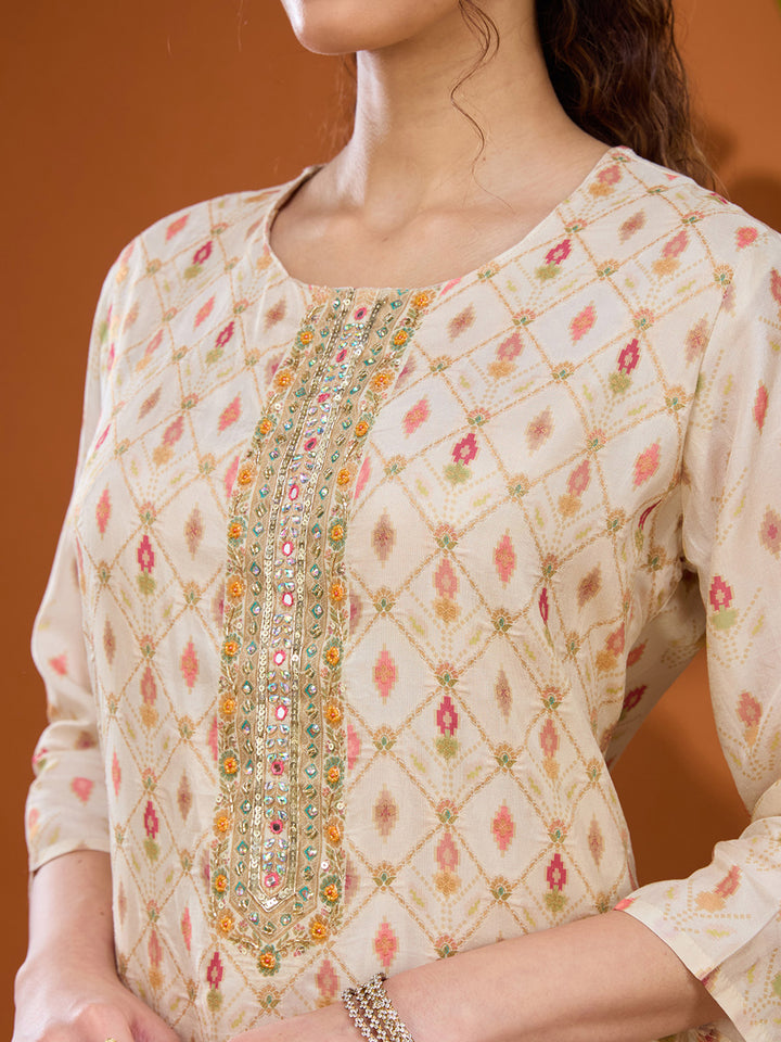 Cream Cutdana Soft Raw Silk Readymade Salwar Suit