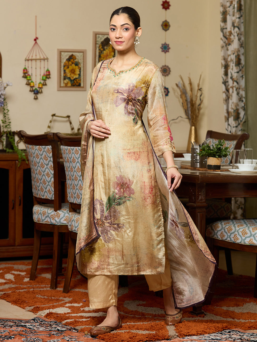 Beige Cutdana Tissue Readymade Salwar Suit