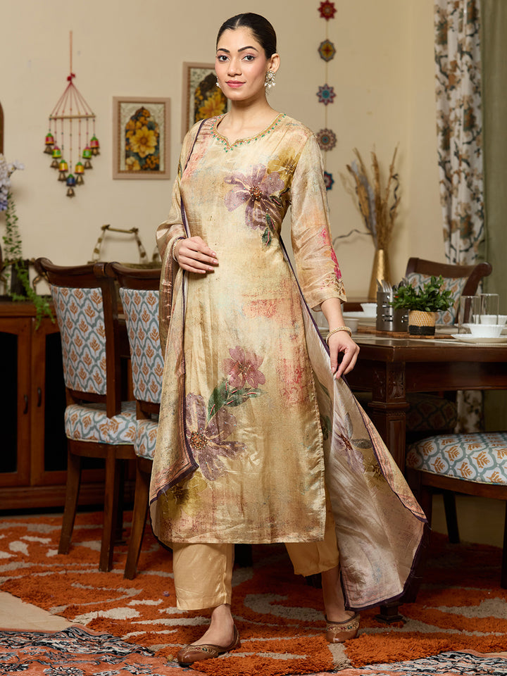 Beige Cutdana Tissue Readymade Salwar Suit