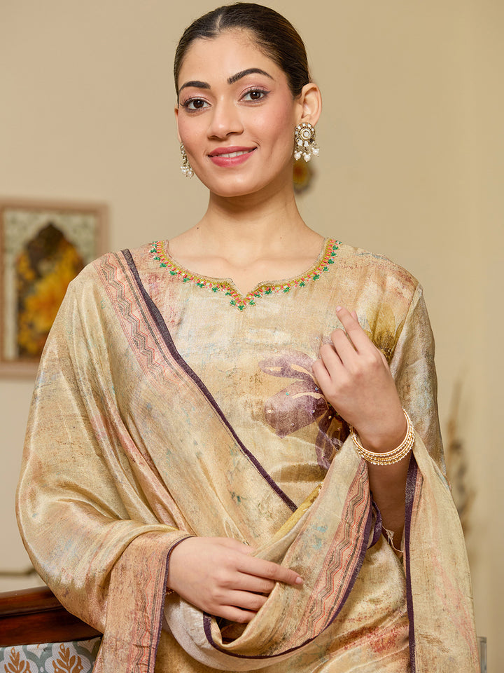 Beige Cutdana Tissue Readymade Salwar Suit