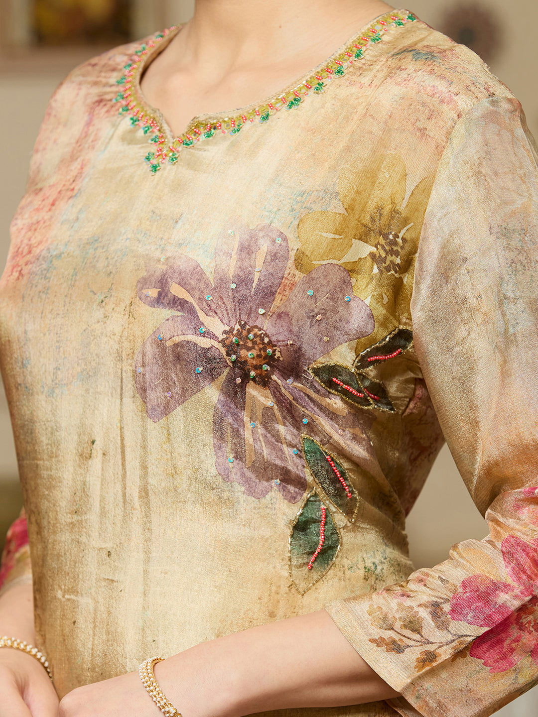 Beige Cutdana Tissue Readymade Salwar Suit