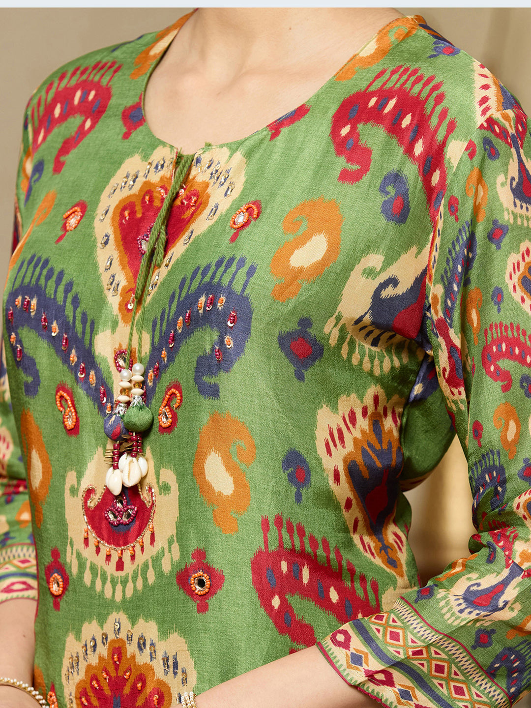 Green Stonework Soft Raw Silk Readymade Salwar Suit