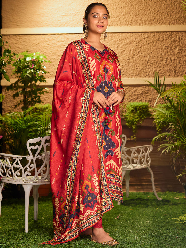 Red Silver Stonework Soft Raw Silk Readymade Salwar Suit