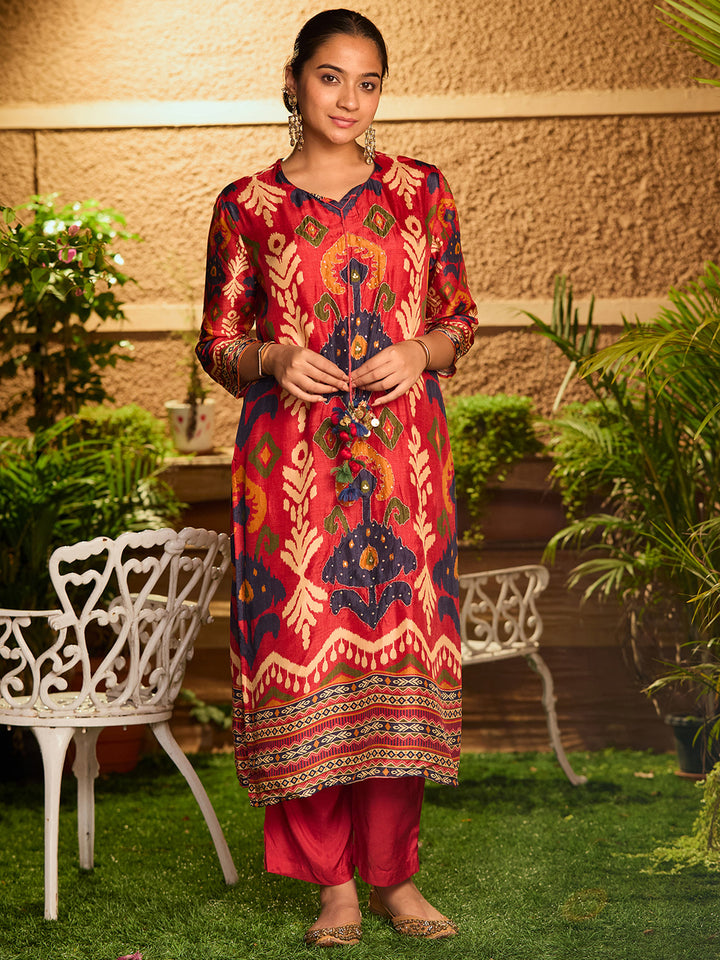 Red Silver Stonework Soft Raw Silk Readymade Salwar Suit