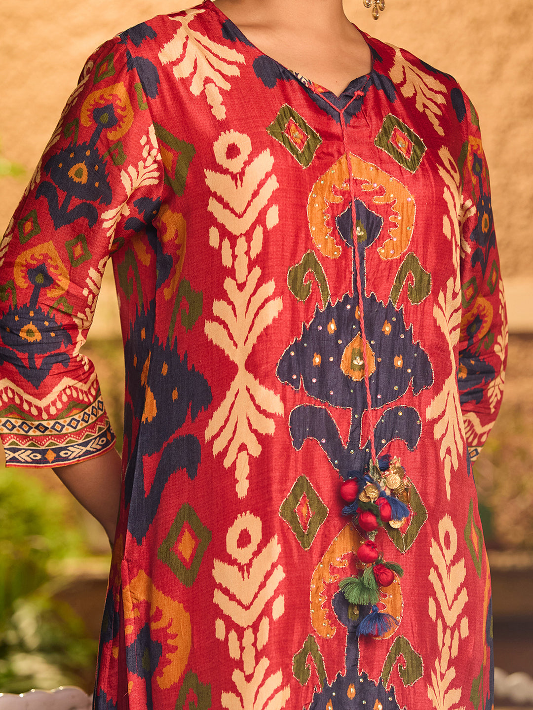 Red Silver Stonework Soft Raw Silk Readymade Salwar Suit