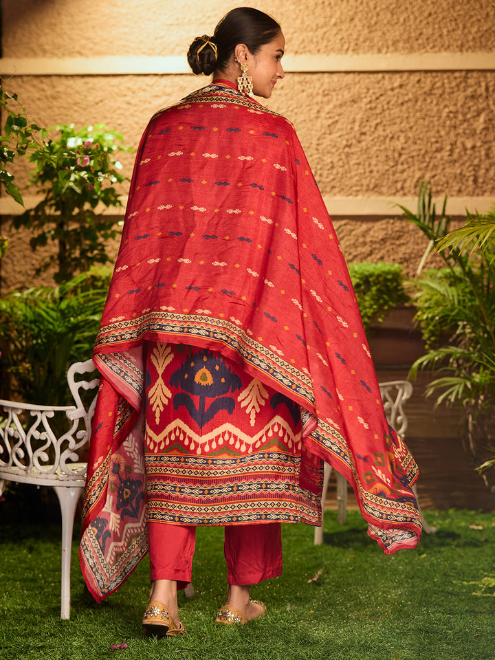 Red Silver Stonework Soft Raw Silk Readymade Salwar Suit