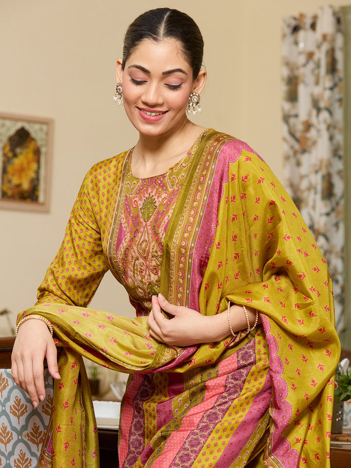 Mehandi Green Cutdana Satin Readymade Salwar Suit