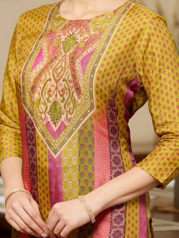 Mehandi Green Cutdana Satin Readymade Salwar Suit