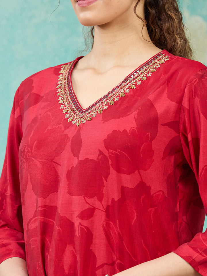 Red Threadwork Satin Readymade Salwar Suit