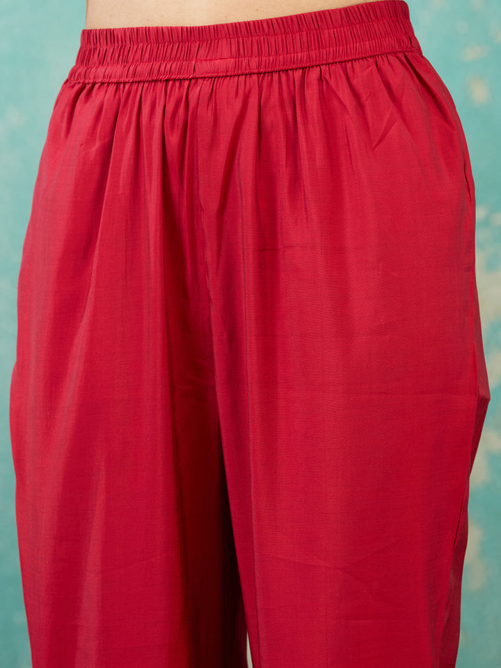 Red Threadwork Satin Readymade Salwar Suit