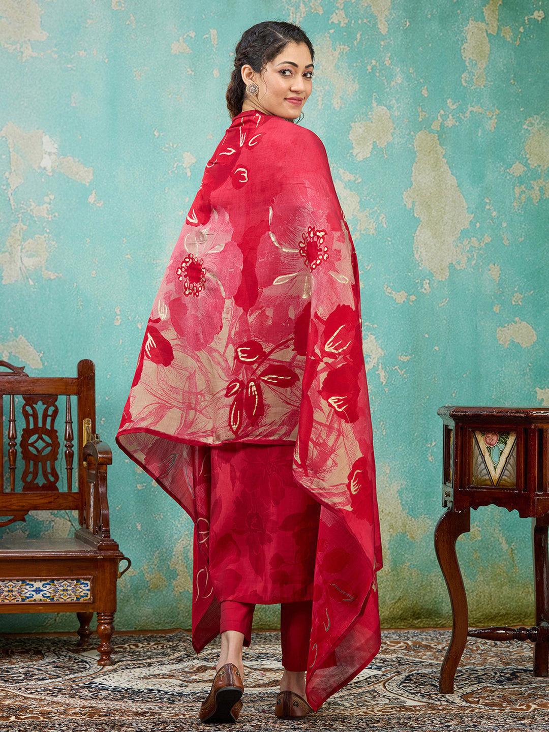 Red Threadwork Satin Readymade Salwar Suit