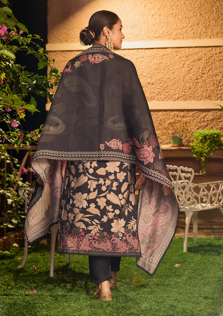 Black Threadwork Satin Readymade Salwar Suit