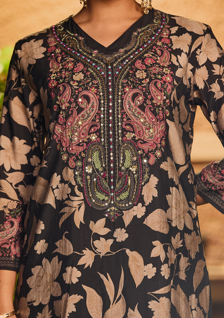 Black Threadwork Satin Readymade Salwar Suit