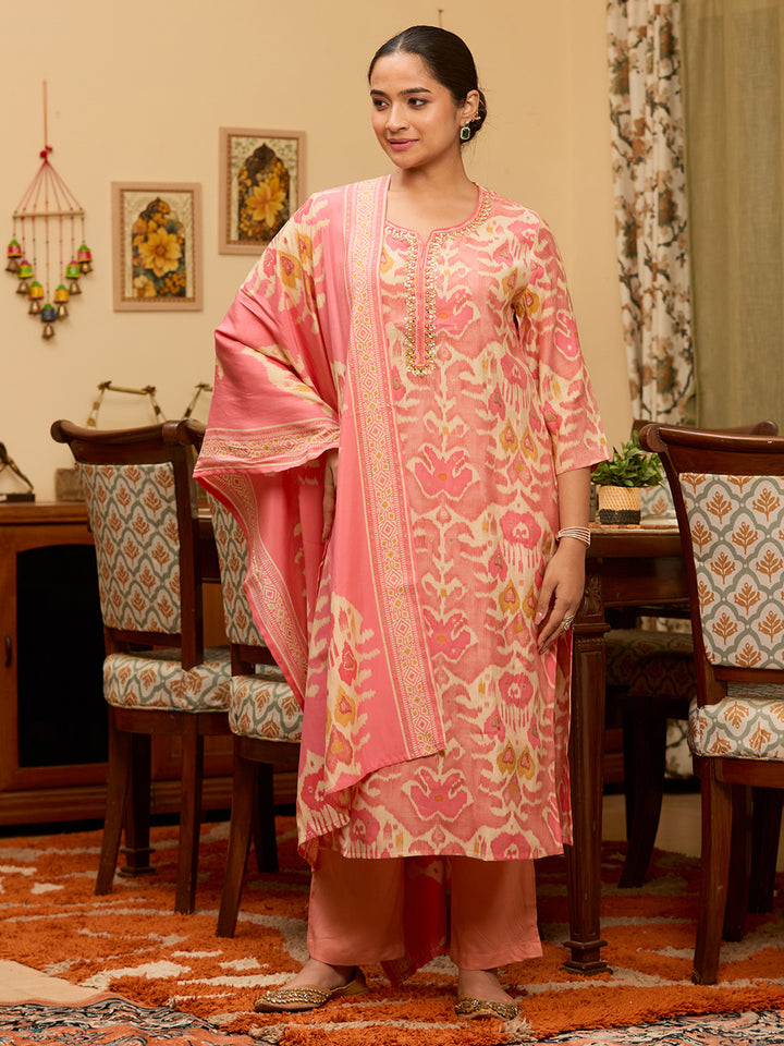 Peach Sequins Chanderi Readymade Salwar Suit